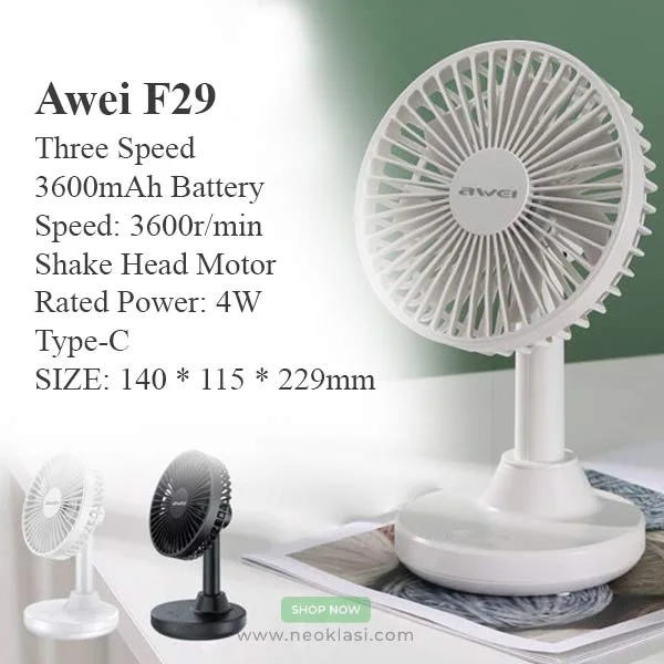 Awei F29 Mini Rechargeable Fan Desktop Oscillating Fan - Black Color - Image 2